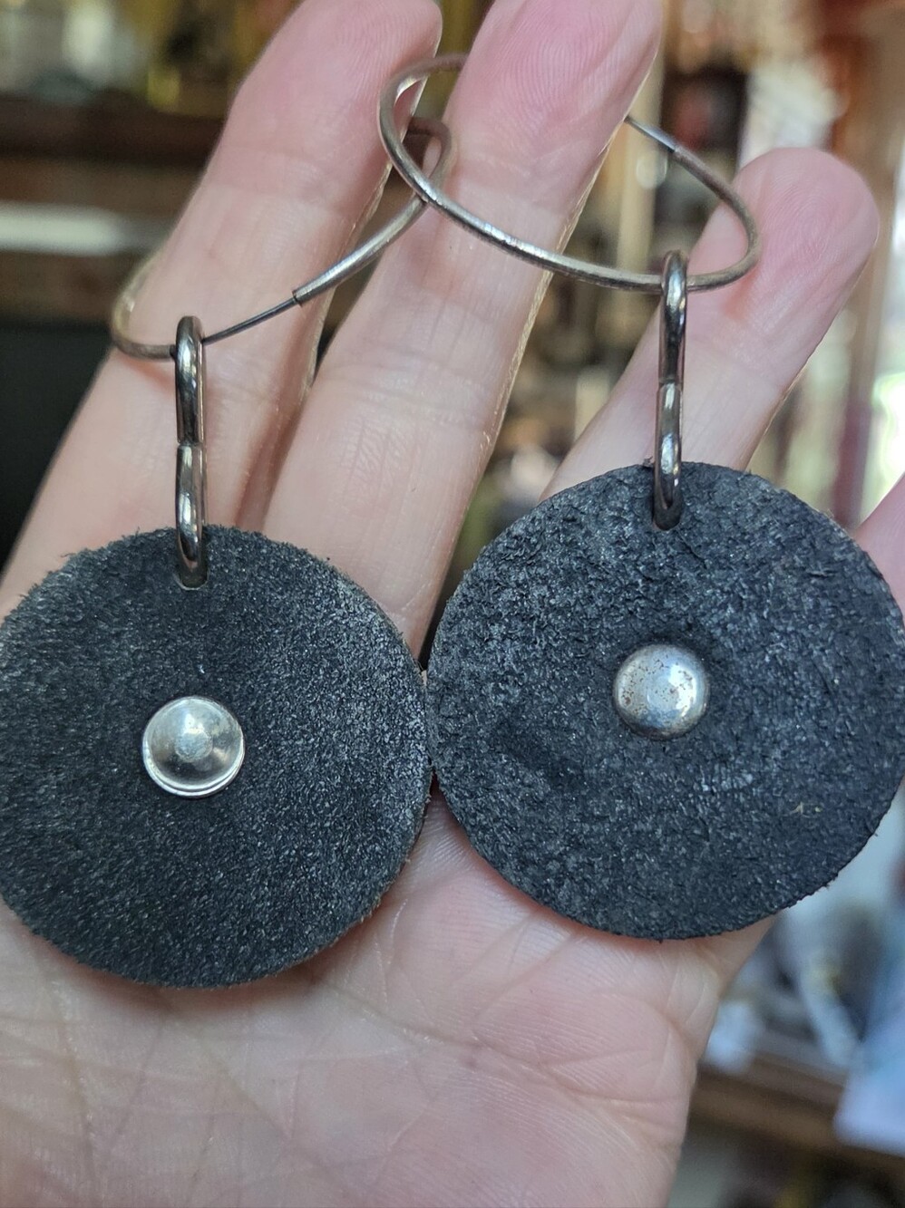 Black Leather Handmade Earrings wSilver Maltese Cross Emblem Silver Plated Hoop - Picture 4 of 6